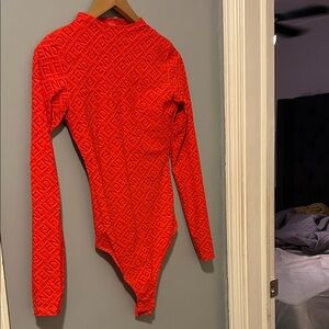 Embroidered Logo Red Long-Sleeve Bodysuit